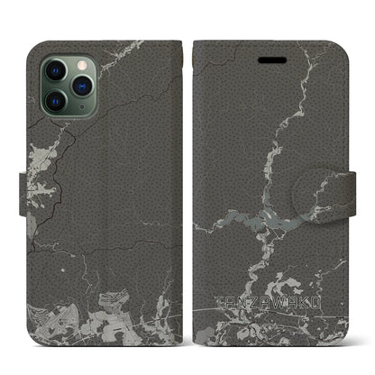 【丹沢湖（神奈川県）】地図柄iPhoneケース（手帳タイプ）モノトーン・iPhone 11 Pro 用