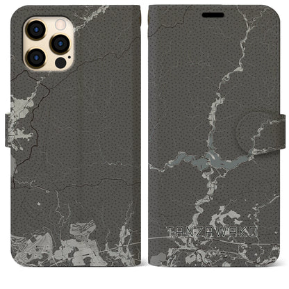 【丹沢湖（神奈川県）】地図柄iPhoneケース（手帳タイプ）モノトーン・iPhone 12 Pro Max 用