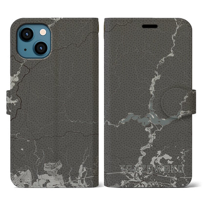 【丹沢湖（神奈川県）】地図柄iPhoneケース（手帳タイプ）モノトーン・iPhone 13 用