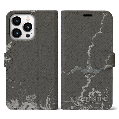 【丹沢湖（神奈川県）】地図柄iPhoneケース（手帳タイプ）モノトーン・iPhone 13 Pro 用