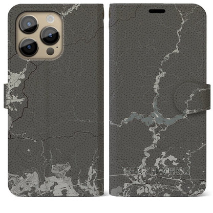 【丹沢湖（神奈川県）】地図柄iPhoneケース（手帳タイプ）モノトーン・iPhone 14 Pro Max 用