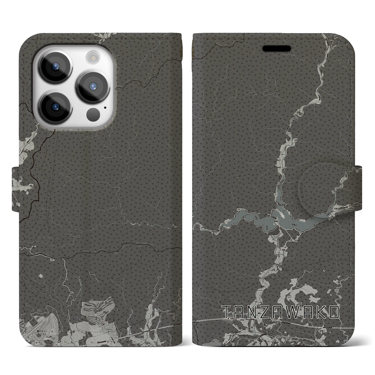 【丹沢湖】地図柄iPhoneケース（手帳両面タイプ・モノトーン）iPhone 14 Pro 用