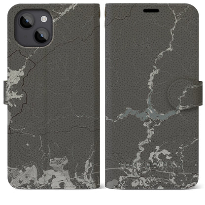 【丹沢湖（神奈川県）】地図柄iPhoneケース（手帳タイプ）モノトーン・iPhone 14 Plus 用