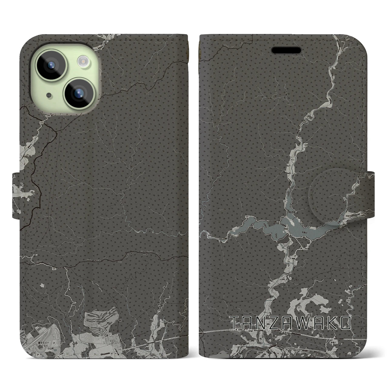 【丹沢湖】地図柄iPhoneケース（手帳両面タイプ・モノトーン）iPhone 15 用