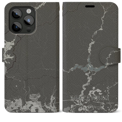 【丹沢湖（神奈川県）】地図柄iPhoneケース（手帳タイプ）モノトーン・iPhone 15 Pro Max 用