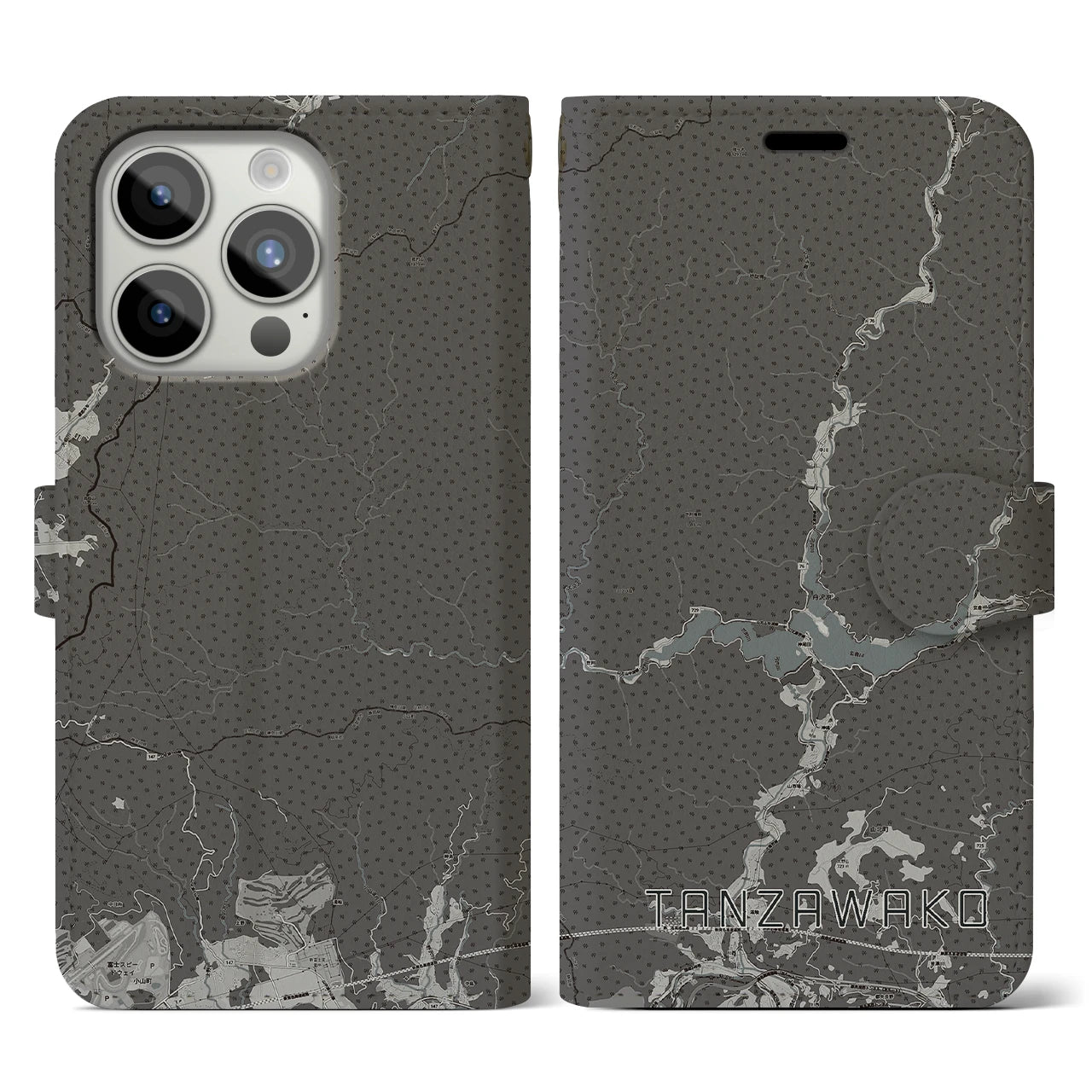 【丹沢湖】地図柄iPhoneケース（手帳両面タイプ・モノトーン）iPhone 15 Pro 用