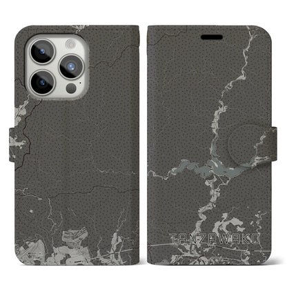 【丹沢湖（神奈川県）】地図柄iPhoneケース（手帳タイプ）モノトーン・iPhone 15 Pro 用
