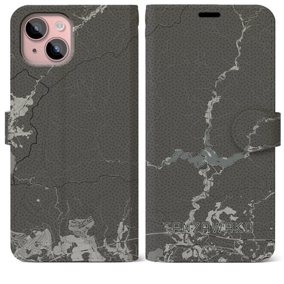 【丹沢湖（神奈川県）】地図柄iPhoneケース（手帳タイプ）モノトーン・iPhone 15 Plus 用