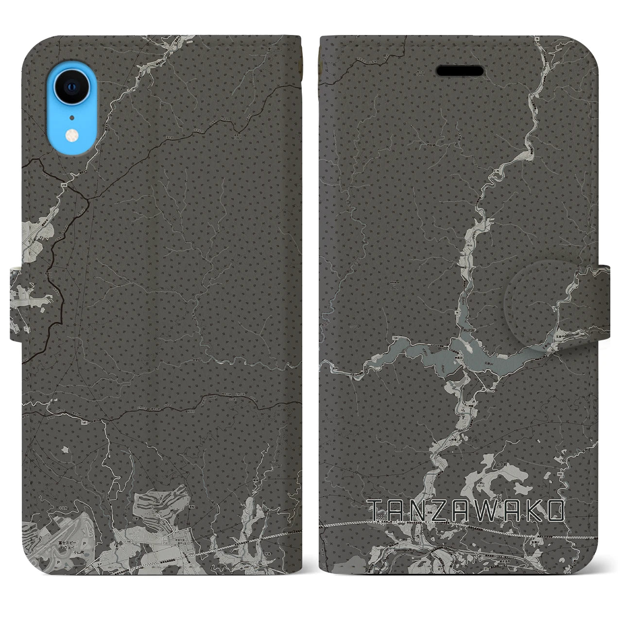 【丹沢湖】地図柄iPhoneケース（手帳両面タイプ・モノトーン）iPhone XR 用