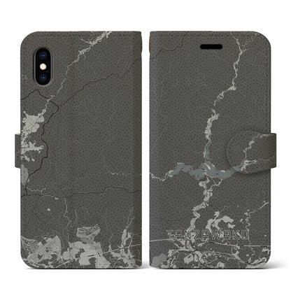 【丹沢湖（神奈川県）】地図柄iPhoneケース（手帳タイプ）モノトーン・iPhone XS / X 用