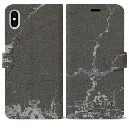 【丹沢湖（神奈川県）】地図柄iPhoneケース（手帳タイプ）モノトーン・iPhone XS Max 用