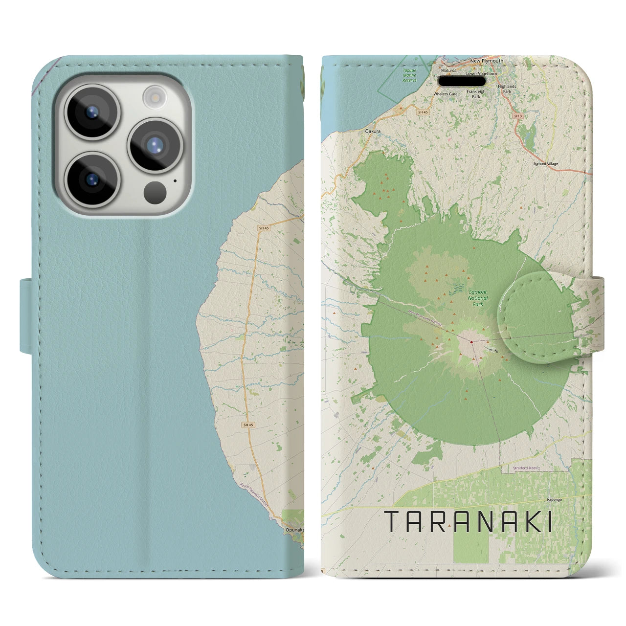 【タラナキ山（ニュージーランド）】地図柄iPhoneケース（手帳タイプ）ナチュラル・iPhone 15 Pro 用