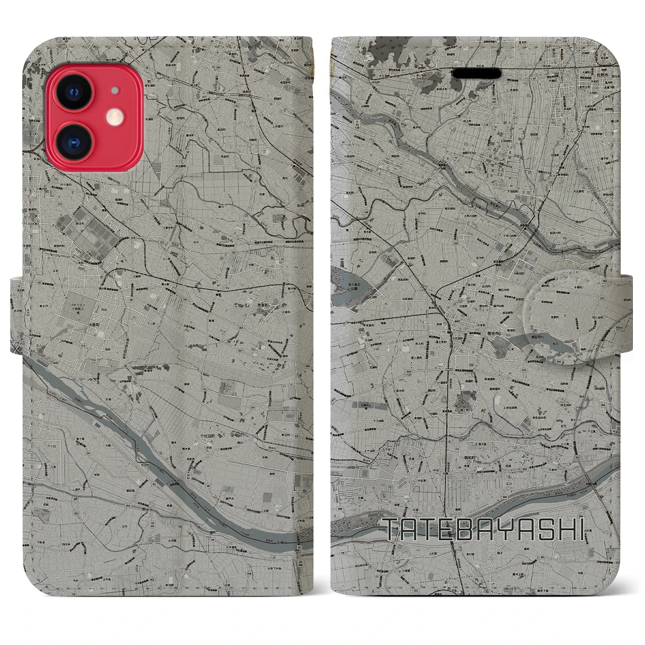 【館林】地図柄iPhoneケース（手帳両面タイプ・モノトーン）iPhone 11 用