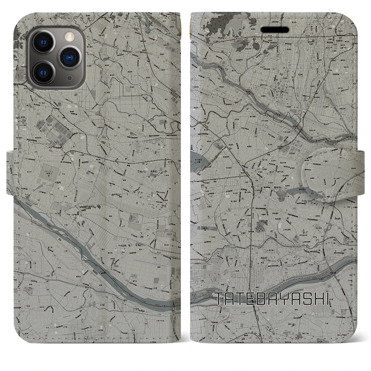 【館林】地図柄iPhoneケース（手帳両面タイプ・モノトーン）iPhone 11 Pro Max 用