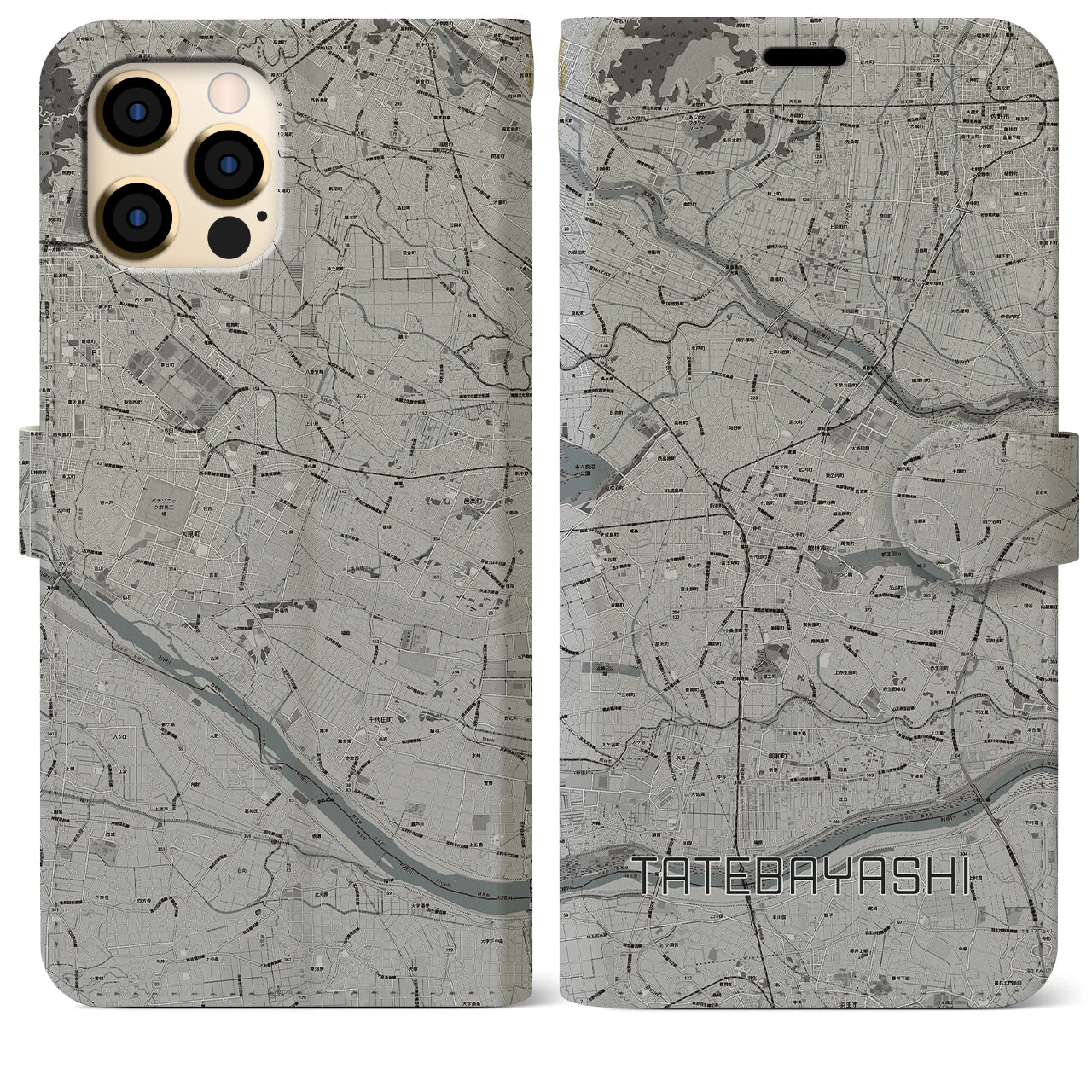 【館林】地図柄iPhoneケース（手帳両面タイプ・モノトーン）iPhone 12 Pro Max 用