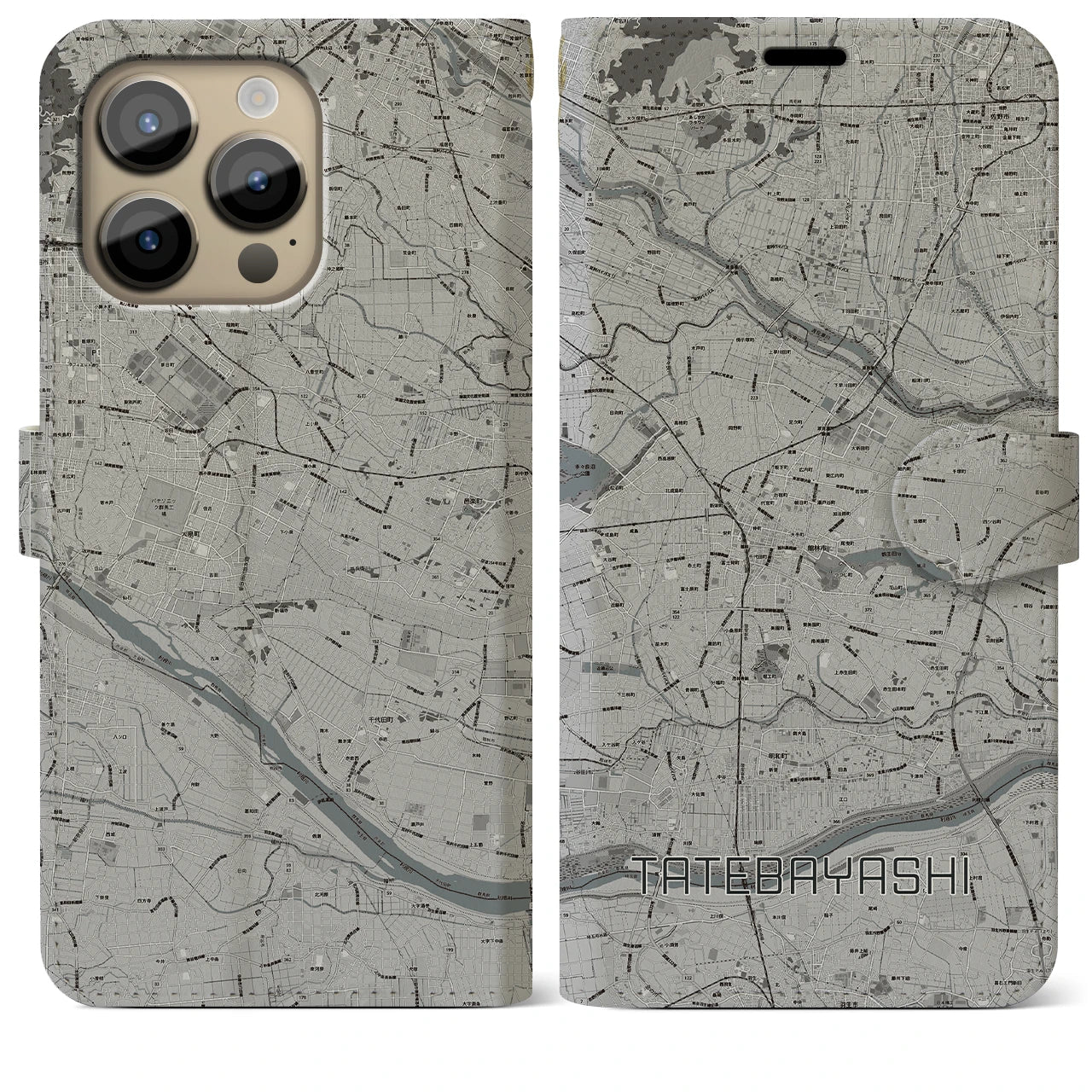 【館林】地図柄iPhoneケース（手帳両面タイプ・モノトーン）iPhone 14 Pro Max 用