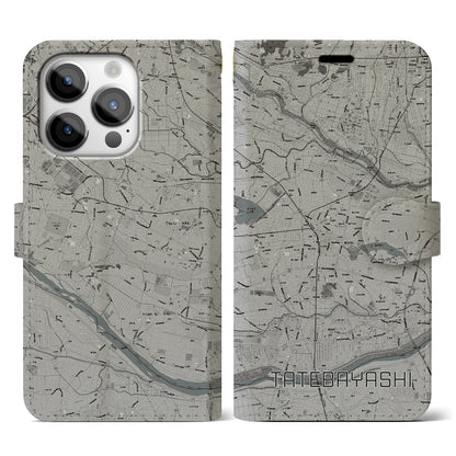 【館林（群馬県）】地図柄iPhoneケース（手帳タイプ）モノトーン・iPhone 14 Pro 用