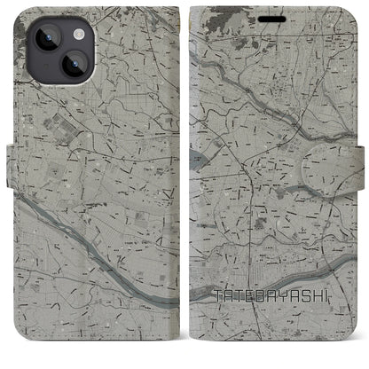 【館林（群馬県）】地図柄iPhoneケース（手帳タイプ）モノトーン・iPhone 14 Plus 用