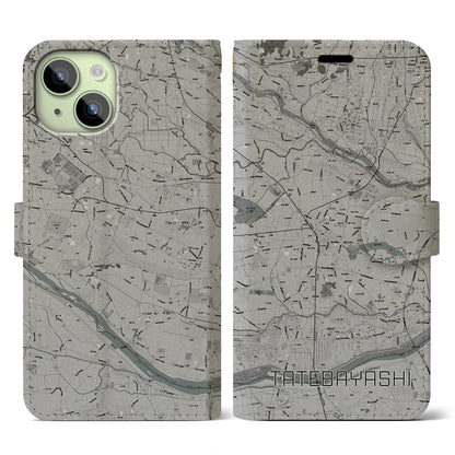 【館林（群馬県）】地図柄iPhoneケース（手帳タイプ）モノトーン・iPhone 15 用