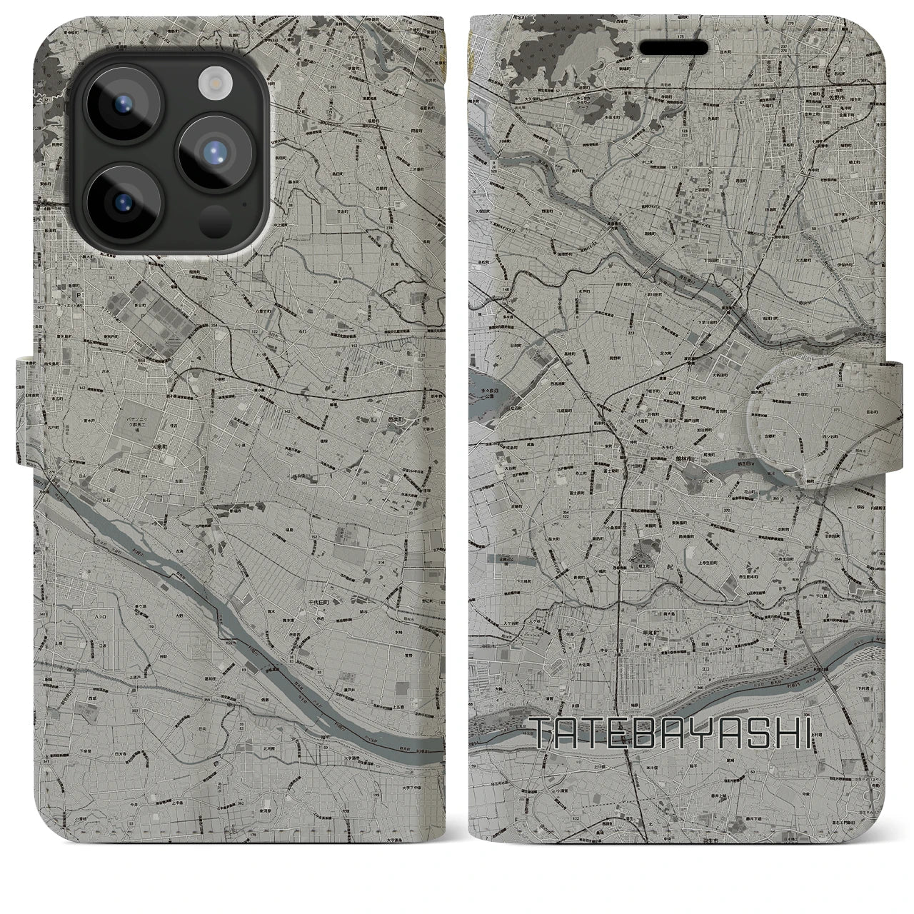 【館林】地図柄iPhoneケース（手帳両面タイプ・モノトーン）iPhone 15 Pro Max 用