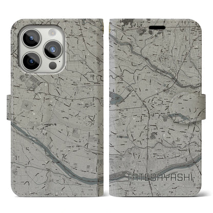 【館林（群馬県）】地図柄iPhoneケース（手帳タイプ）モノトーン・iPhone 15 Pro 用