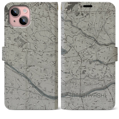 【館林（群馬県）】地図柄iPhoneケース（手帳タイプ）モノトーン・iPhone 15 Plus 用