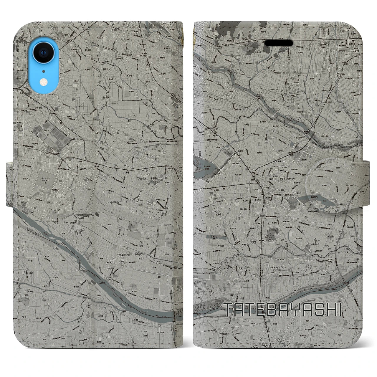 【館林】地図柄iPhoneケース（手帳両面タイプ・モノトーン）iPhone XR 用