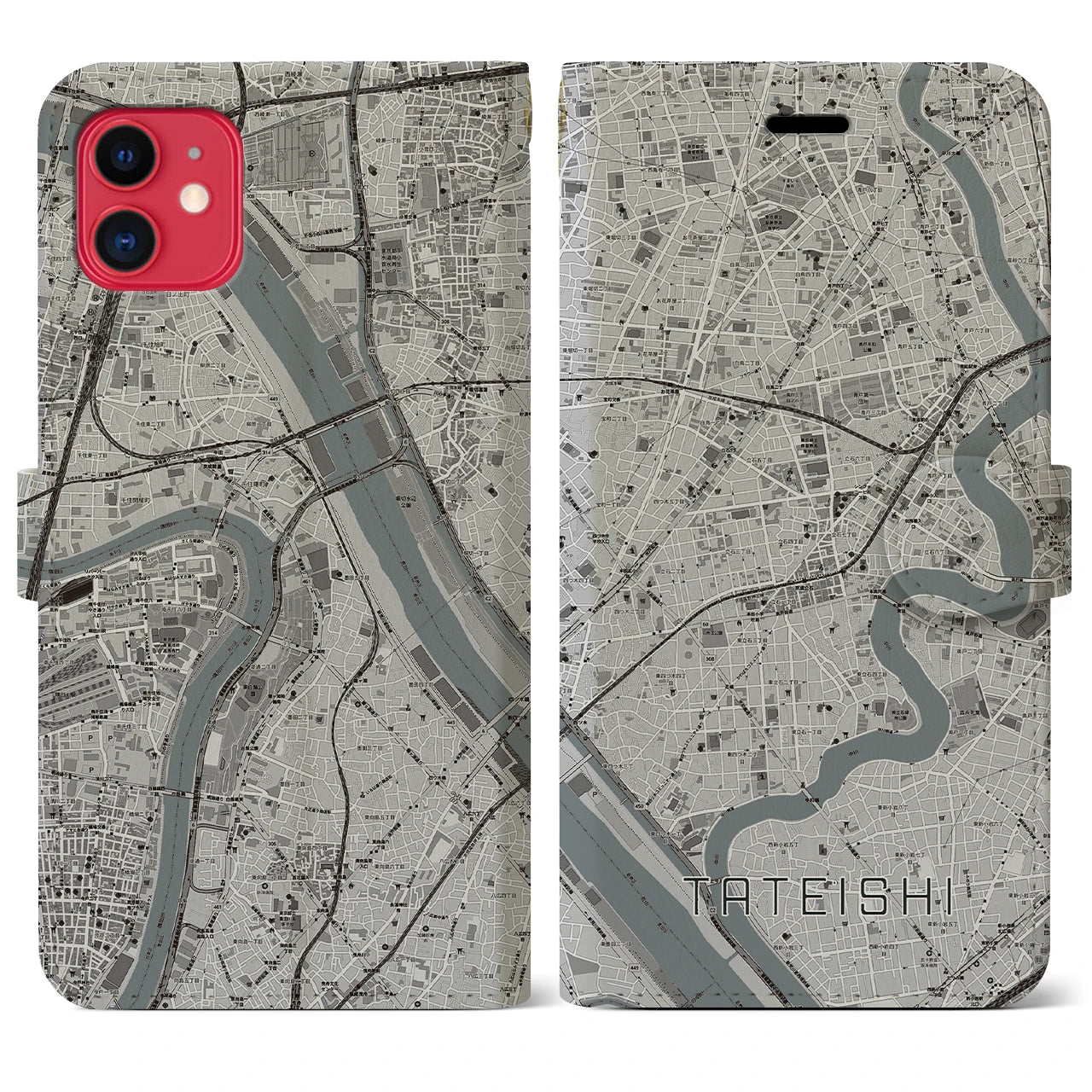 【立石】地図柄iPhoneケース（手帳両面タイプ・モノトーン）iPhone 11 用