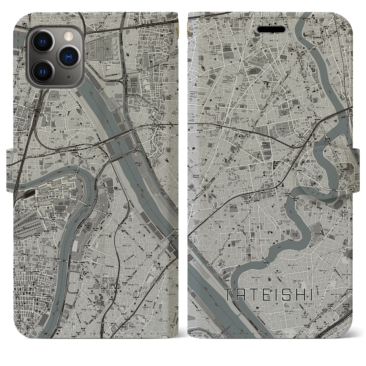 【立石】地図柄iPhoneケース（手帳両面タイプ・モノトーン）iPhone 11 Pro Max 用