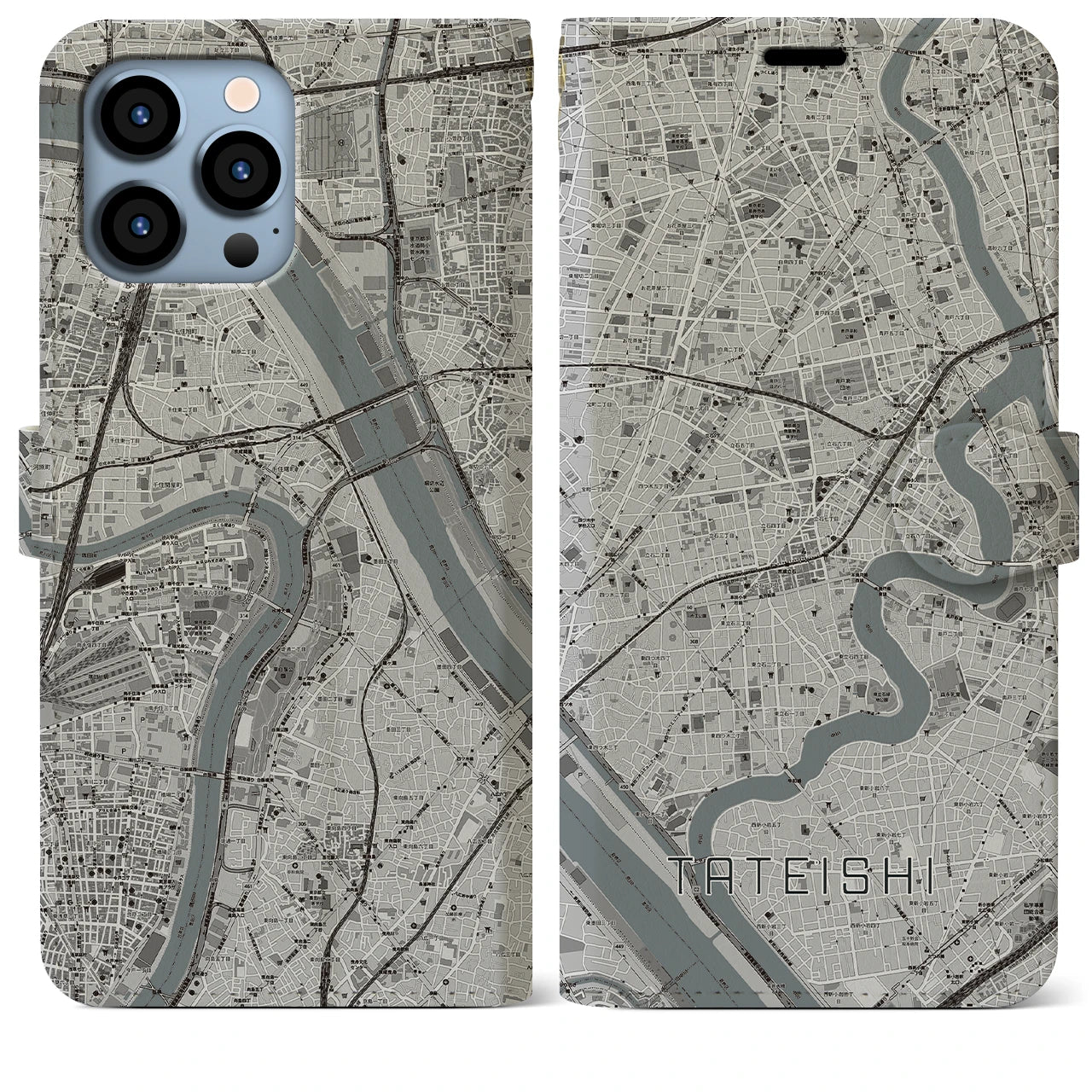【立石】地図柄iPhoneケース（手帳両面タイプ・モノトーン）iPhone 13 Pro Max 用