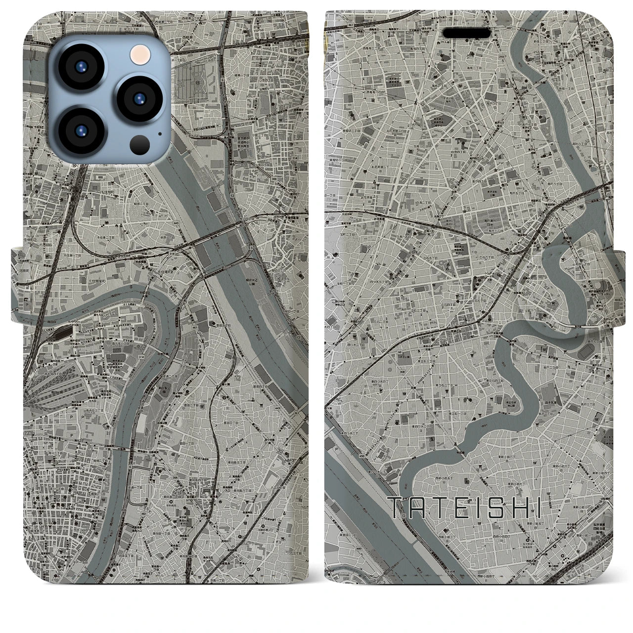 【立石（東京都）】地図柄iPhoneケース（手帳タイプ）モノトーン・iPhone 13 Pro Max 用