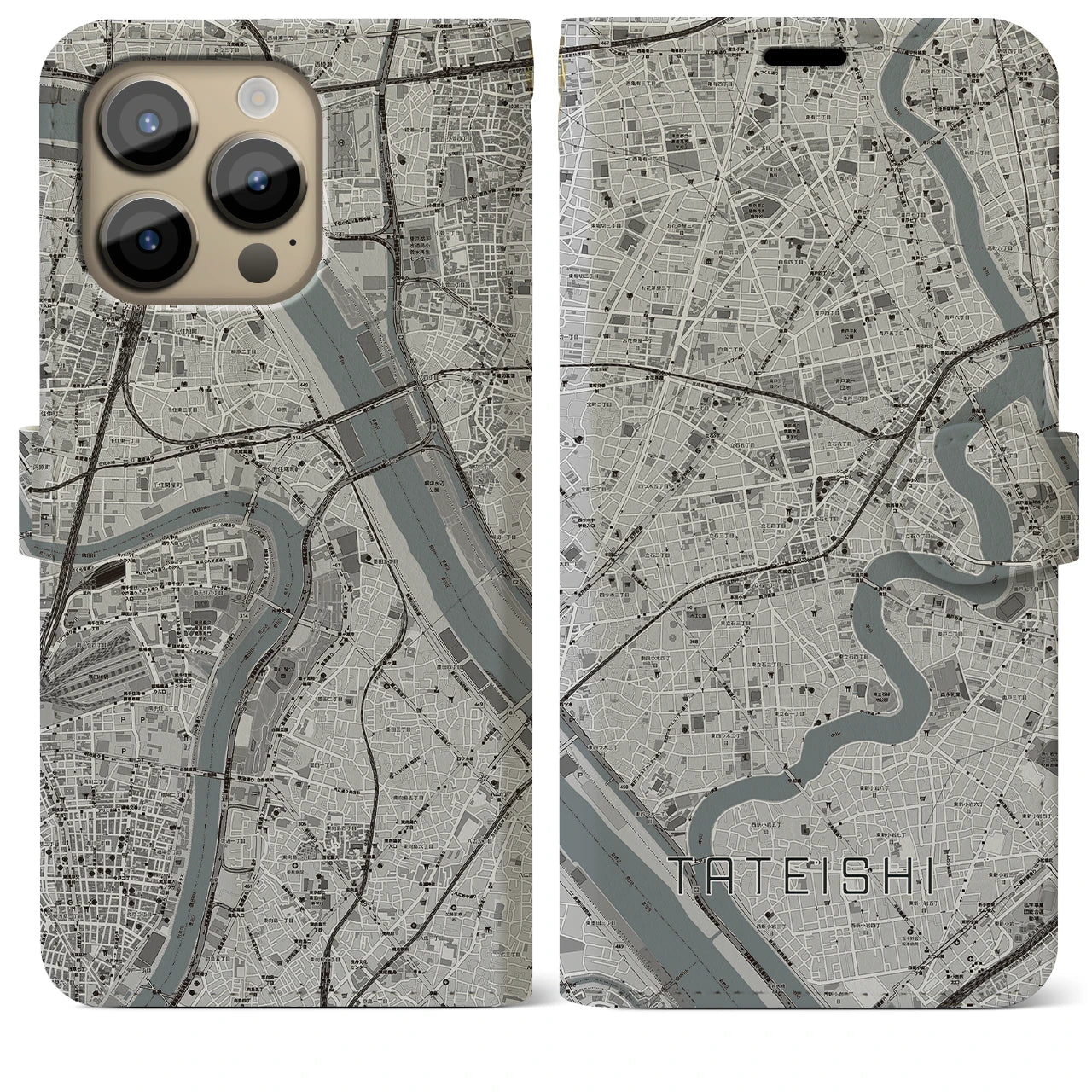 【立石（東京都）】地図柄iPhoneケース（手帳タイプ）モノトーン・iPhone 14 Pro Max 用