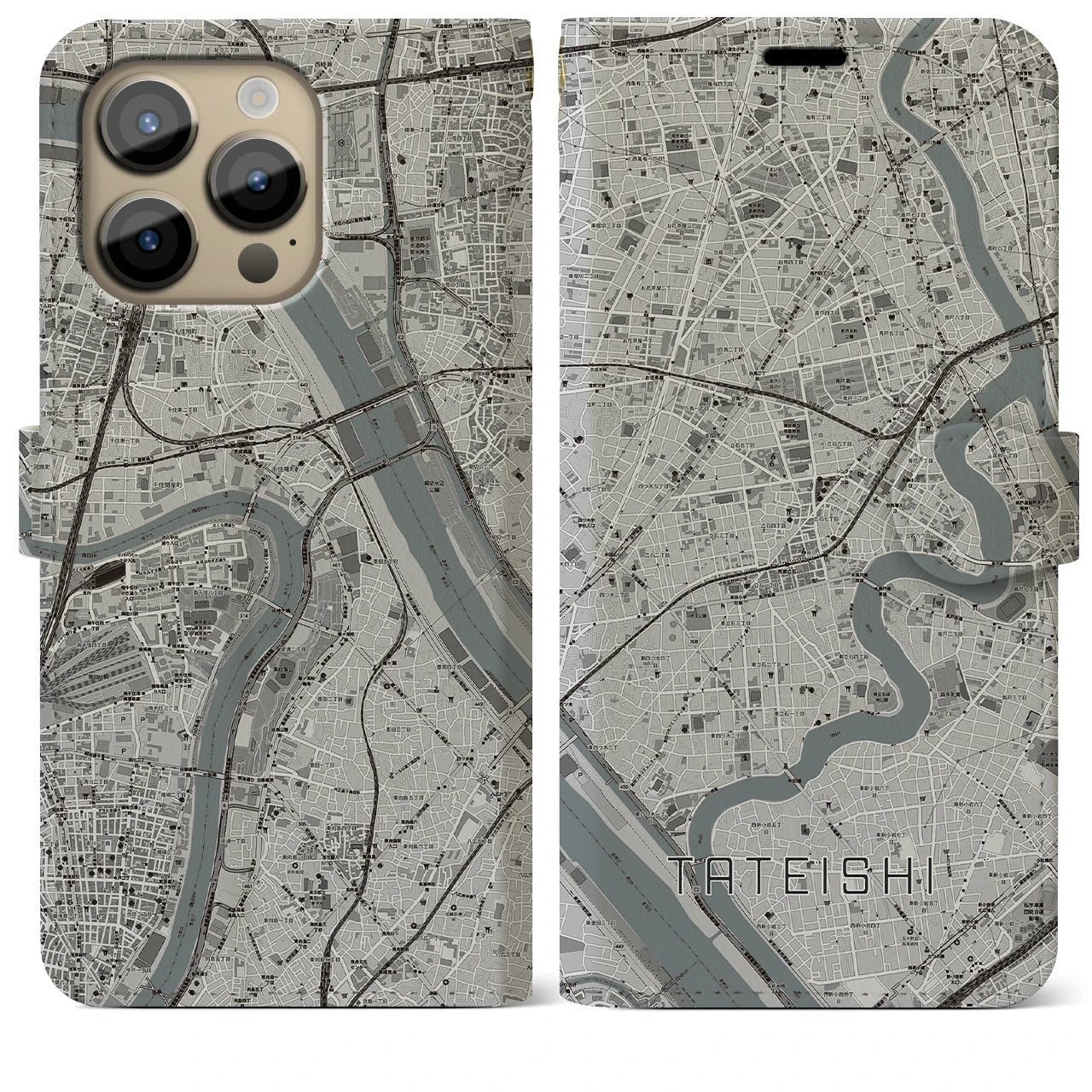 【立石】地図柄iPhoneケース（手帳両面タイプ・モノトーン）iPhone 14 Pro Max 用