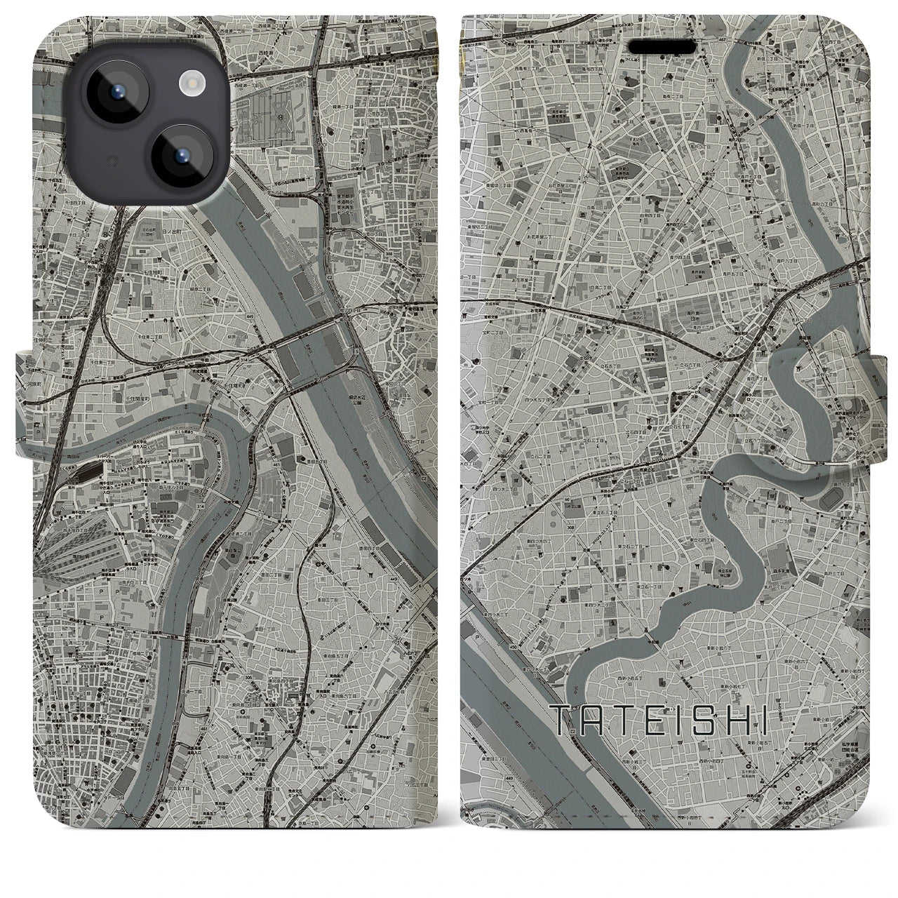 【立石（東京都）】地図柄iPhoneケース（手帳タイプ）モノトーン・iPhone 14 Plus 用