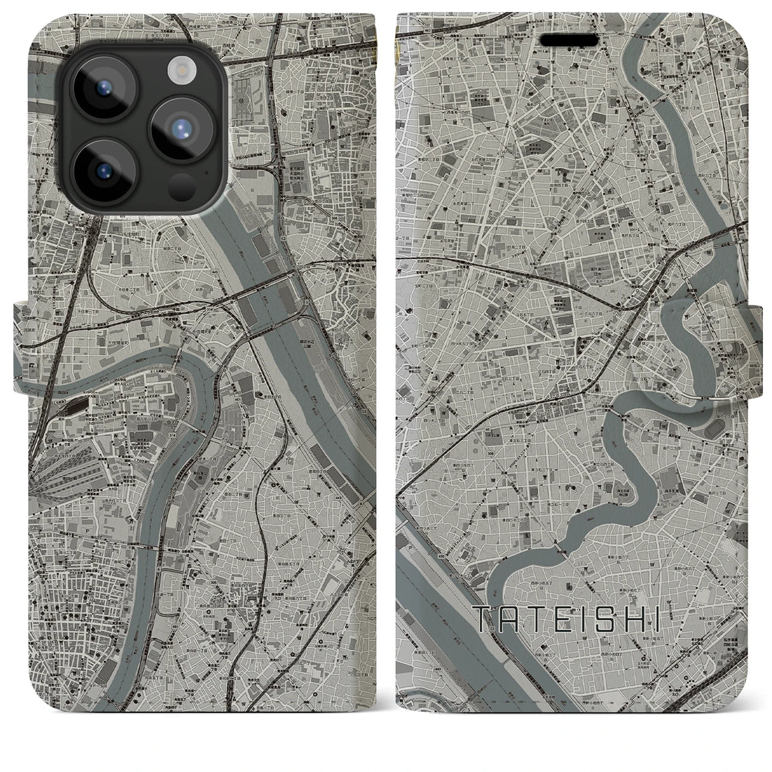 【立石】地図柄iPhoneケース（手帳両面タイプ・モノトーン）iPhone 15 Pro Max 用