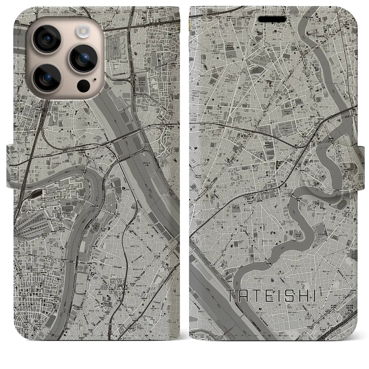 【立石（東京都）】地図柄iPhoneケース（手帳タイプ）モノトーン・iPhone 16 Plus 用