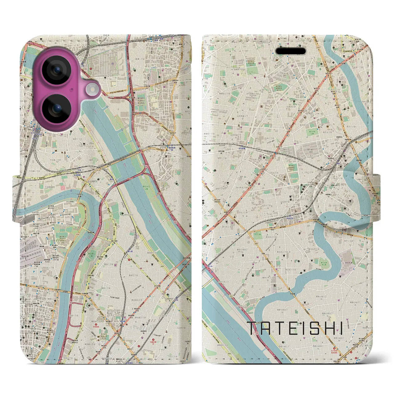 【立石（東京都）】地図柄iPhoneケース（手帳タイプ）ナチュラル・iPhone 16 Pro 用