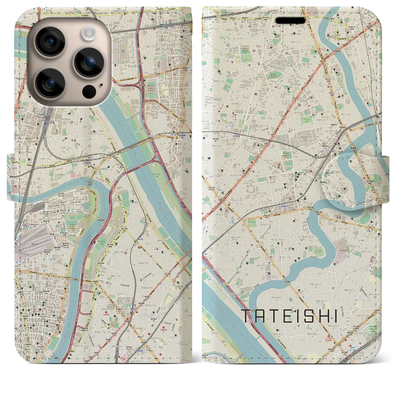 【立石（東京都）】地図柄iPhoneケース（手帳タイプ）ナチュラル・iPhone 16 Plus 用