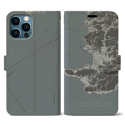 【館山2（千葉県）】地図柄iPhoneケース（手帳タイプ）モノトーン・iPhone 12 / 12 Pro 用