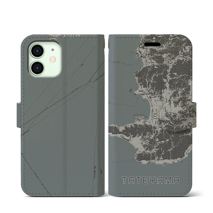 【館山2（千葉県）】地図柄iPhoneケース（手帳タイプ）モノトーン・iPhone 12 mini 用