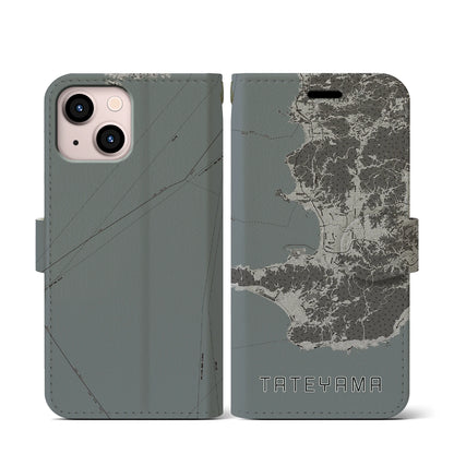 【館山2（千葉県）】地図柄iPhoneケース（手帳タイプ）モノトーン・iPhone 13 mini 用