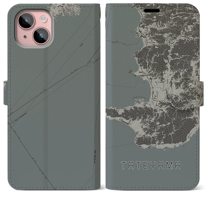 【館山2（千葉県）】地図柄iPhoneケース（手帳タイプ）モノトーン・iPhone 15 Plus 用