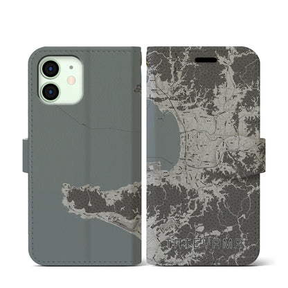 【館山（千葉県）】地図柄iPhoneケース（手帳タイプ）モノトーン・iPhone 12 mini 用