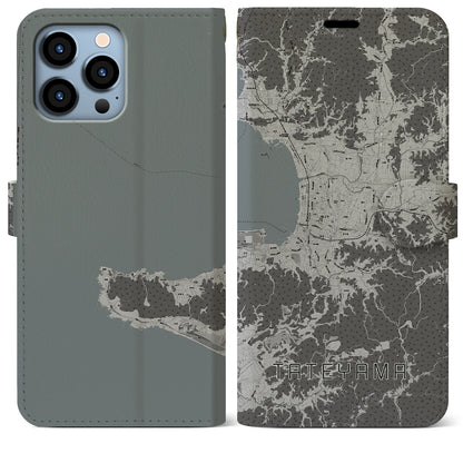 【館山（千葉県）】地図柄iPhoneケース（手帳タイプ）モノトーン・iPhone 13 Pro Max 用