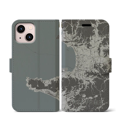 【館山（千葉県）】地図柄iPhoneケース（手帳タイプ）モノトーン・iPhone 13 mini 用