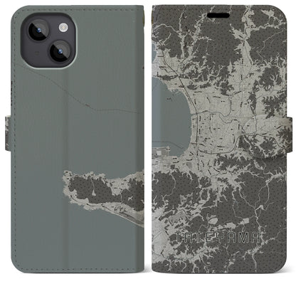 【館山（千葉県）】地図柄iPhoneケース（手帳タイプ）モノトーン・iPhone 14 Plus 用