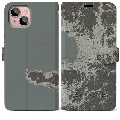 【館山（千葉県）】地図柄iPhoneケース（手帳タイプ）モノトーン・iPhone 15 Plus 用