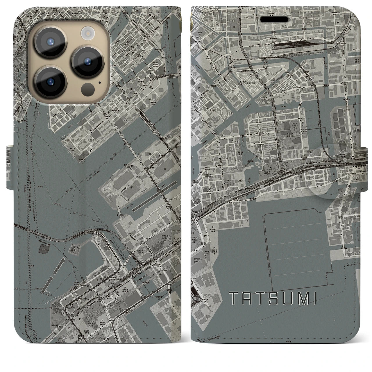 【辰巳】地図柄iPhoneケース（手帳両面タイプ・モノトーン）iPhone 14 Pro Max 用