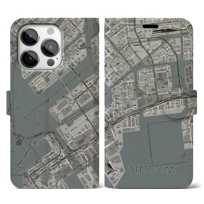 【辰巳（東京都）】地図柄iPhoneケース（手帳タイプ）モノトーン・iPhone 14 Pro 用