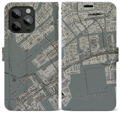 【辰巳（東京都）】地図柄iPhoneケース（手帳タイプ）モノトーン・iPhone 15 Pro Max 用